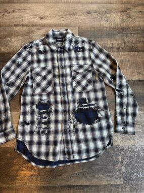 Hudson Jeans Distressed Plaid Button-Down Shirt - Navy & White